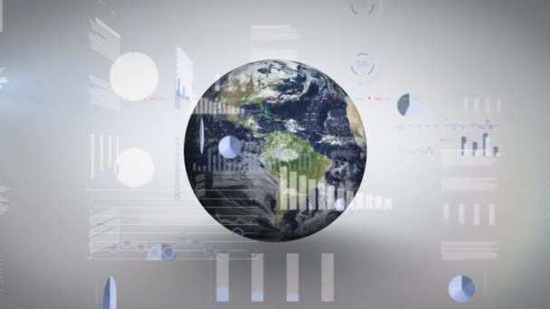 Animation Graphs Data Globe Grey Background Global Finance Economy Technology — Stockvideo