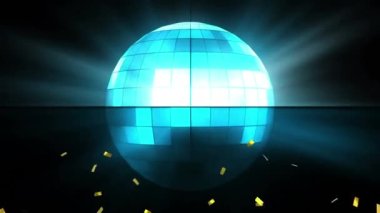 Animation of falling golden confetti glowing disco ball over dark background. Music and entertainment concept digitally generated video.