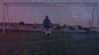 Animation of data processing over rugby player during rugby match in sports stadium. Global sports competition connections data processing concept digitally generated video.