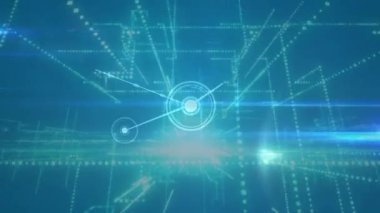 Animation of network of connections over 3d construction on blue background. global connections and development concept digitally generated video.
