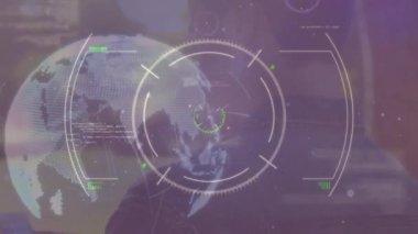 Animation of data processing with globe over caucasian men. Global science, connections, data processing and digital interface concept digitally generated video.