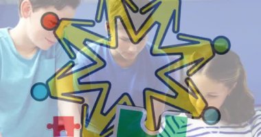 Tablet kullanan çeşitli okul çocuklarının üzerindeki yapboz parçaları ve simgelerin animasyonu. otizm farkındalık ayı ve dijital olarak oluşturulan kutlama konsepti.