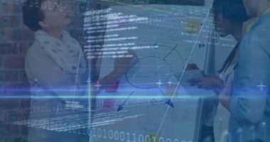 Animation of financial data processing over businesses people. global business, finances, data processing and digital interface concept digitally generated video.