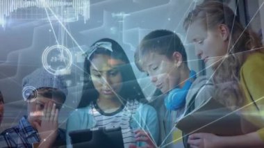 Animation of network of connections over students in classroom. education and learning concept digitally generated video.