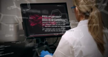 Animation of scientific data processing over back of caucasian female lab worker using computer. medicine, health, science and technology concept digitally generated video.