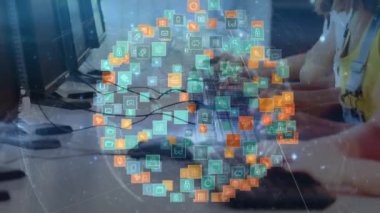 Animation of media icons over diverse schoolchildren using computers. Global education and digital interface concept digitally generated video.