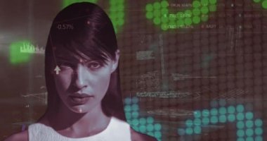 Animation of statistics and financial data processing over caucasian woman. Global business, connections, networks and data processing concept digitally generated video.