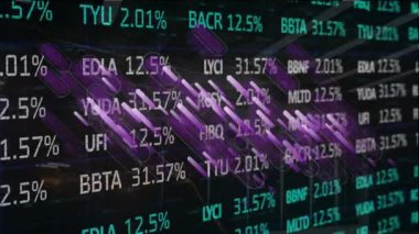 Animation of stock market and purple lines over window. Global business, finances and digital interface concept digitally generated video.