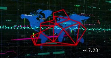 Animation of graphs, financial data, world map and bear head on black background. Global finance, economy and technology concept digitally generated video.