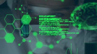 Animation of digital brain, molecules and data processing over caucasian scientist in lab. global science, computing and digital interface concept digitally generated video.