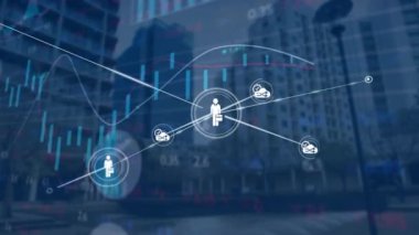Animation of cloud computing icons connecting with lines against graphs and buildings. Digital composite, multiple exposure, connect the dots, telecommunication, marketing, business, networking.