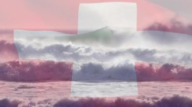 Composite video of waving switzerland flag against waves in the sea. National tourism and travel concept