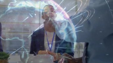 Animation of globe with data processing over diverse business people. Global business, computing and digital interface concept digitally generated video.