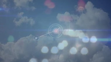 Animation of network of connections with icons over clouds and plane. Global business and digital interface concept digitally generated video.