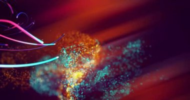 Animation of wavy lights and smoke on red background. Colour, shape, movement, data and technology concept digitally generated video.