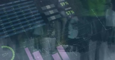 Animation of statistical data processing over time-lapse of people walking on the street. Business data and analytics technology concept