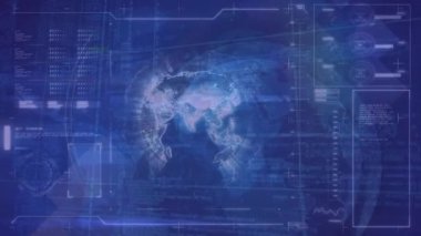 Animation of globe and data processing on blue background. Global technology, computing and digital interface concept digitally generated video.