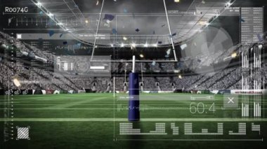 Digital interface with data processing against confetti falling over rugby goal post. sports and tournament concept