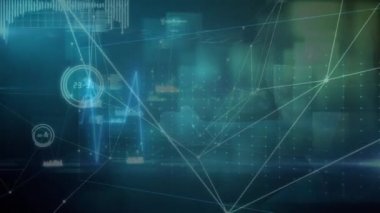Karanlık arkaplan üzerindeki simgelerle bağlantı ağının animasyonu. Küresel bilim, bağlantılar, veri işleme ve dijital arayüz kavramı dijital olarak oluşturulmuş video.