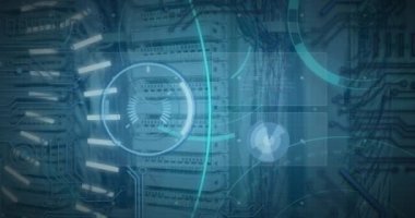 Animation of digital interface over server room. Global business, finances, data processing and digital interface concept digitally generated video.