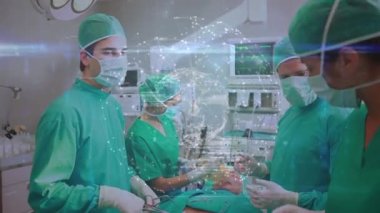 Animation of connections and globe over team of diverse surgeons during operation. Health, medicine, connections and technology concept digitally generated video.