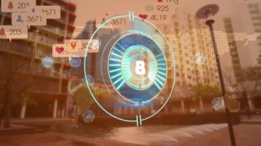 Animation of countdown with icons over cityscape. Global business and digital interface concept digitally generated video.