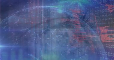 Animation of network of connections and data processing over globe and close up of female eye. Cyber security and business technology concept