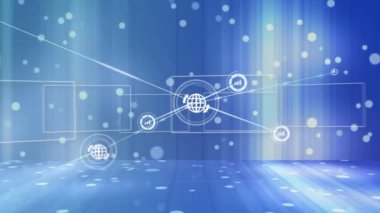 Animation of network of connections with icons over blue background. Global science, connections, data processing and digital interface concept digitally generated video.
