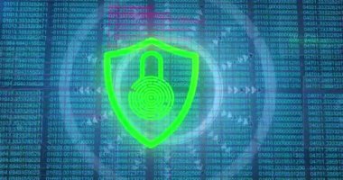 Animation of green and red flashing padlock over scanner and data processing. Global communication, business, data security and digital interface concept digitally generated video.