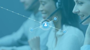 Animation of network of connections over diverse business people using phone headsets. global business, connections, networks and communication concept digitally generated video.