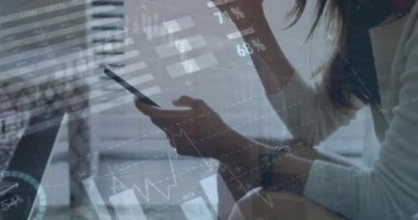 Animation of statistics and financial data processing over worried caucasian woman using smartphone. Global business, connections, networks and data processing concept digitally generated video.