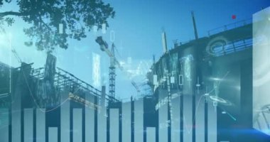 Digital animation of moving graphs, coding and binary data, dna helix over construction site. Hologram, digitally generated, multiple exposure, architecture, database, medical and technology concept.