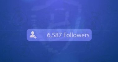 Animation of social media followers notification over padlock and money bags on blue background. Global communication network, business security and social media concept digitally generated video.