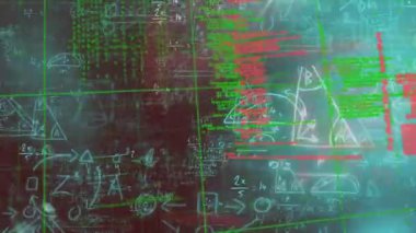 Animation of moving geometric angles and mathematics formula with programming data and grid pattern. Digitally generated, multiple exposure, research, forecasting, coding, engineering and futuristic.