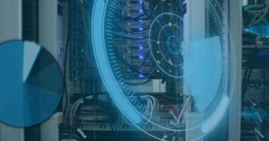 Animation of digital scope over server room. Global science, connections, data processing and digital interface concept digitally generated video.