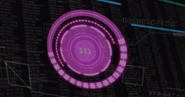 Animation of purple circle with numbers black digital screen with math formulas. Computers, data processing and technology concept digitally generated video.