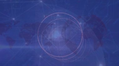 Animation of network of connections and data processing on blue background. Global technology, computing and digital interface concept digitally generated video.