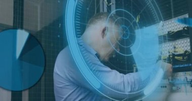 Animation of scan scoping over caucasian male server room worker. Global connections, data processing and digital interface concept digitally generated video.