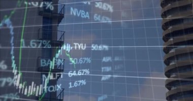 Animation of financial data and graphs over city buildings. Global finance, economy and technology concept digitally generated video.