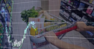 Animation of financial data processing over shopping cart. Global finances, connections, data processing and digital interface concept digitally generated video.