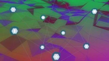 Animation of network of digital icons over blue plexus network against green background. Global networking and business technology concept
