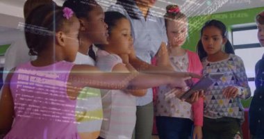 Animation of financial data over hispanic female teacher and class of diverse pupils. School, education, finance and learning with technology concept digitally generated video.