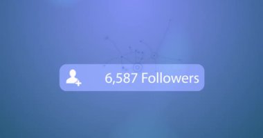 Animation of number of followers increasing over connecting the dots against blue background. Digital composite, global communication, social media, technology, cloud computing, data, growth.
