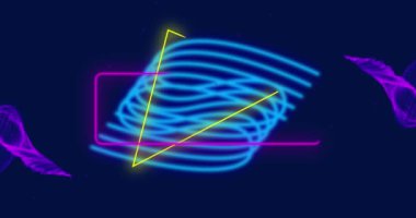 Animation of neon shapes on black background. Global technology, computing and digital interface concept digitally generated video.