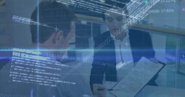 Animation of financial data processing over businesses people. global business, finances, data processing and digital interface concept digitally generated video.