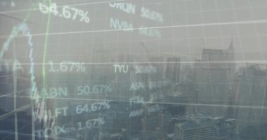 Animation of data processing with graph over cityscape. Global business, computing and digital interface concept digitally generated video.