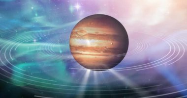 Animation of brown planet in smoky green and violet space. Planets, cosmos and universe concept digitally generated video.