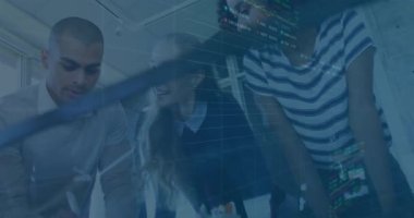 Animation of financial data processing and stock market over diverse business people. global business, finances and digital interface concept digitally generated video.