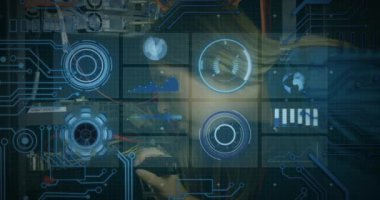 Animation of data processing over caucasian female server room worker. Global science, connections, data processing and digital interface concept digitally generated video.