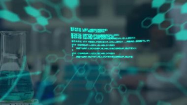 Animation of molecules and data processing over biracial scientist in lab. global science, computing and digital interface concept digitally generated video.